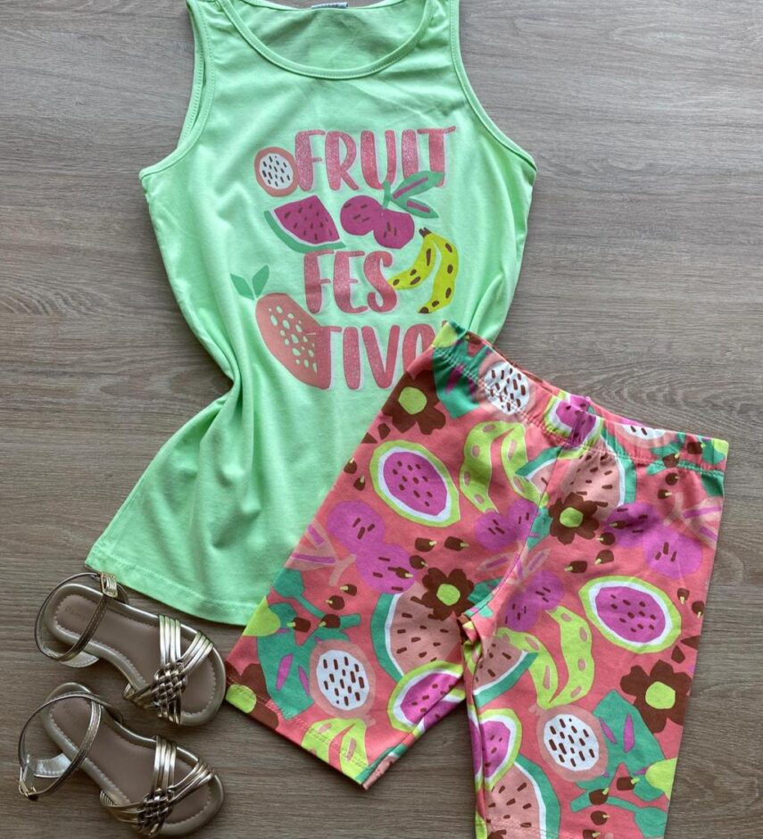 Conjunto Infantil Feminino Regata Fruit Verde e Short Estampado Fernanda ramos Kids