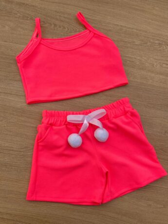 fernandaramoskids com br Conjunto Infantil Feminino Top Alça, Colete e Short Pink Flúor 1