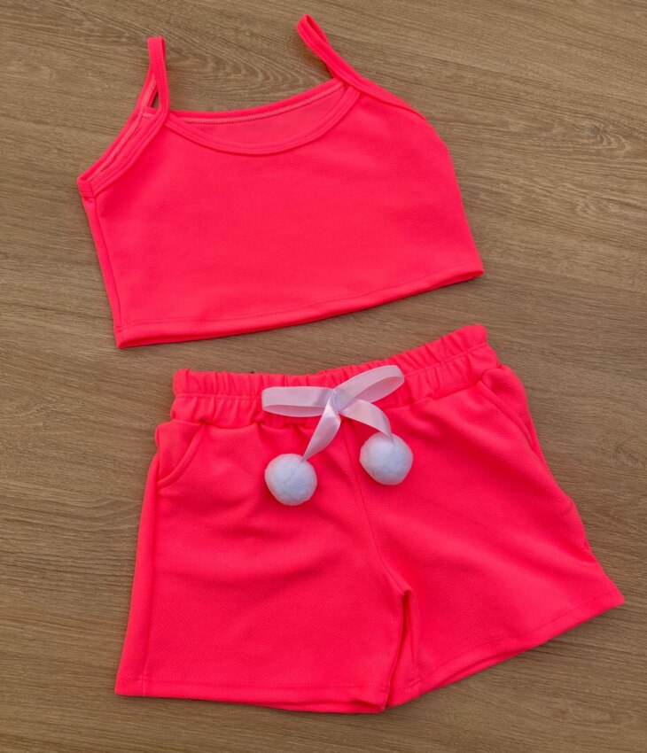 fernandaramoskids com br Conjunto Infantil Feminino Top Alça, Colete e Short Pink Flúor 1