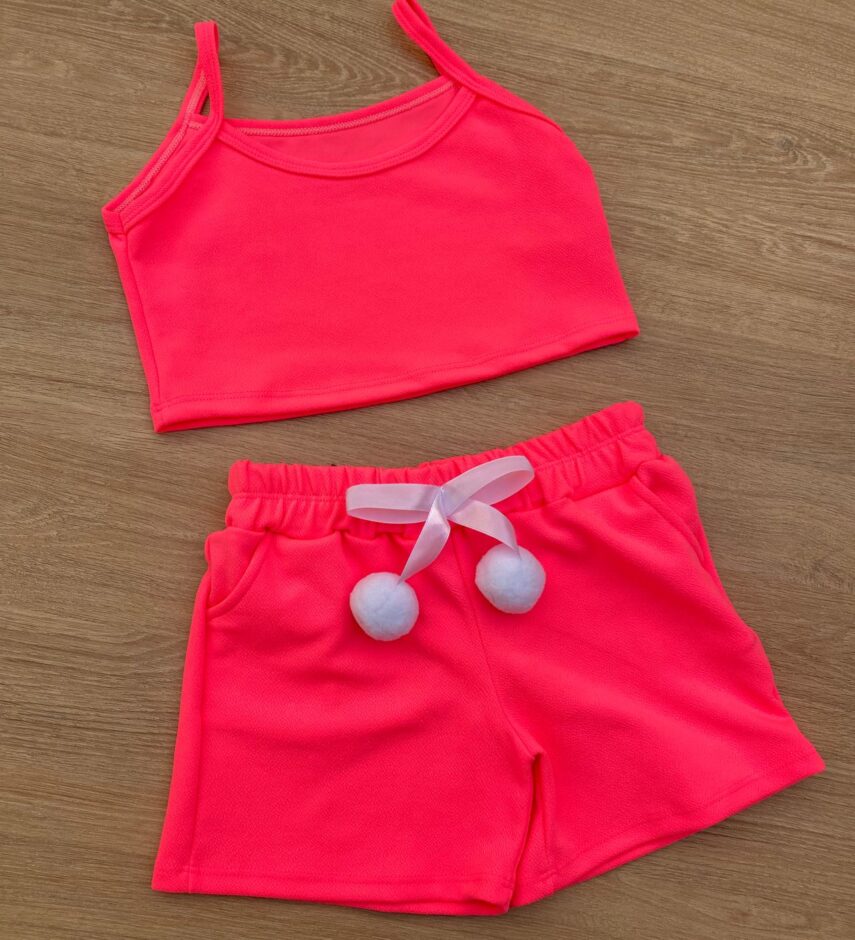fernandaramoskids com br Conjunto Infantil Feminino Top Alça, Colete e Short Pink Flúor 1