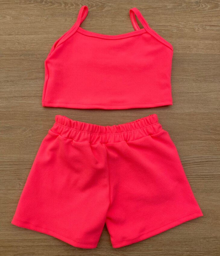 fernandaramoskids com br Conjunto Infantil Feminino Top Alça, Colete e Short Pink Flúor 3