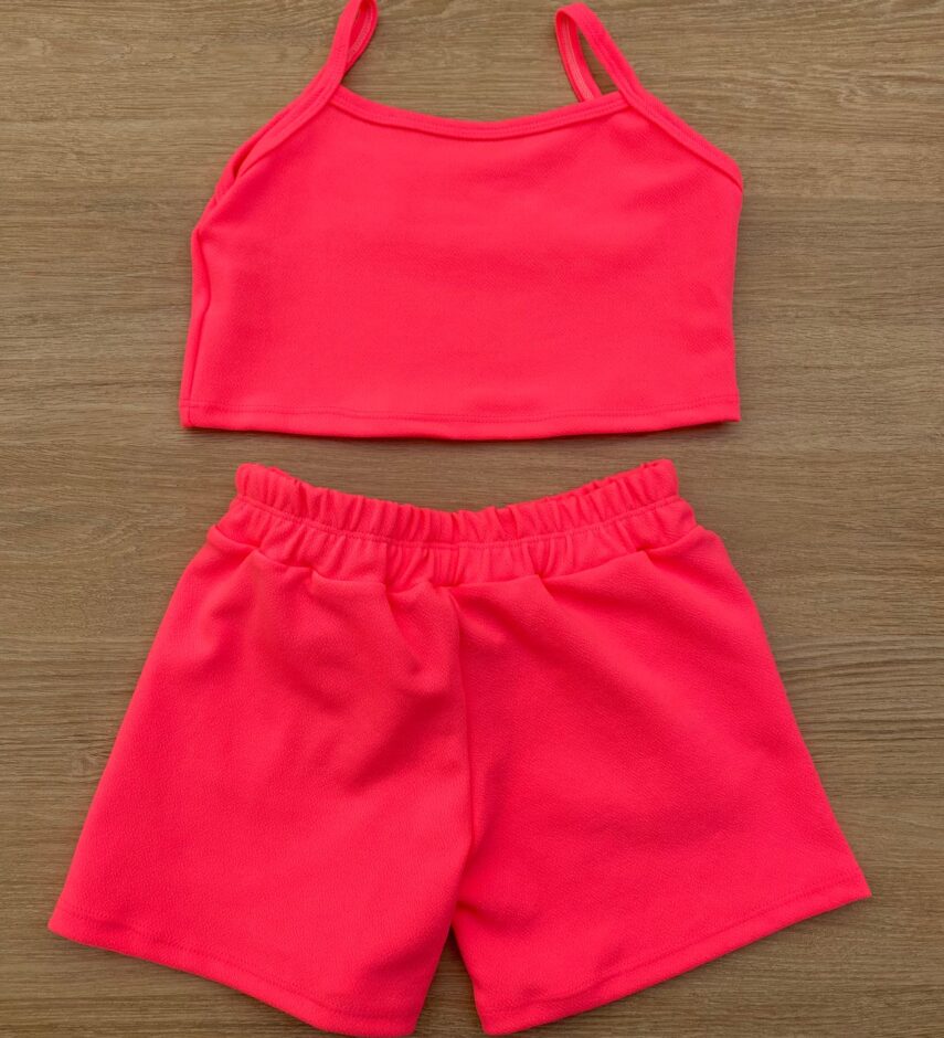 fernandaramoskids com br Conjunto Infantil Feminino Top Alça, Colete e Short Pink Flúor 3