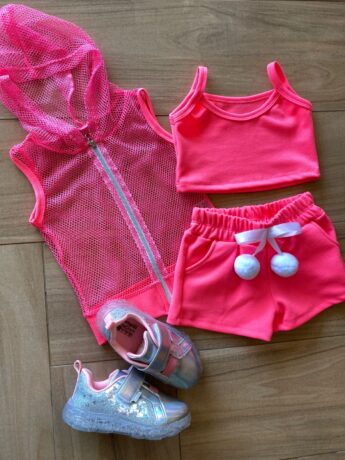 Conjunto Infantil Feminino Top Alça, Colete e Short Pink Flúor Fernanda Ramos Kids