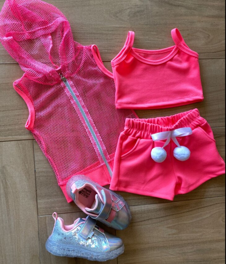 Conjunto Infantil Feminino Top Alça, Colete e Short Pink Flúor Fernanda Ramos Kids