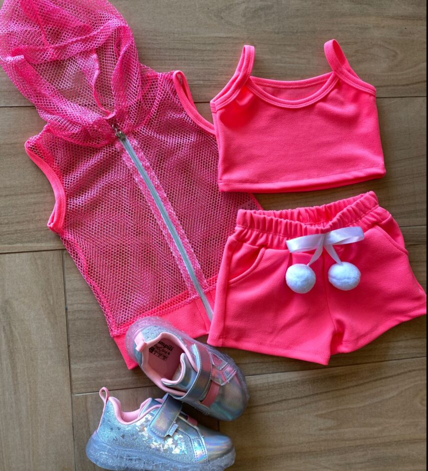Conjunto Infantil Feminino Top Alça, Colete e Short Pink Flúor Fernanda Ramos Kids