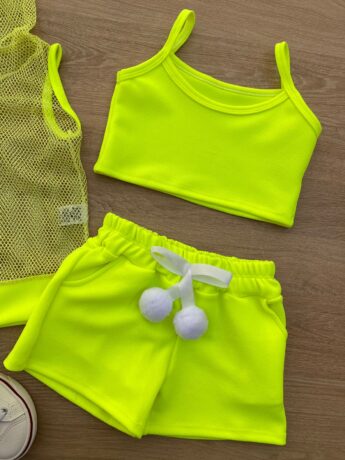 fernandaramoskids com br Conjunto Infantil Feminino Top Alça, Colete e Short Verde Flúor 1