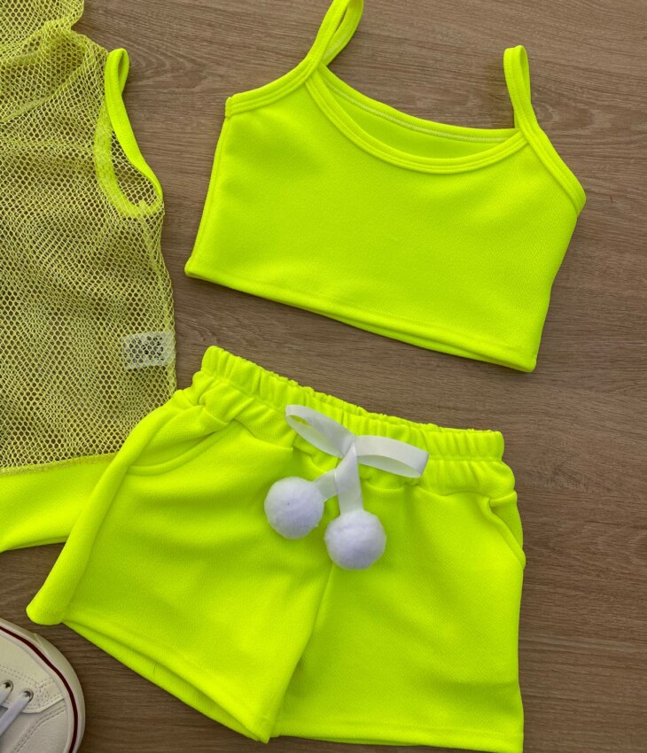 fernandaramoskids com br Conjunto Infantil Feminino Top Alça, Colete e Short Verde Flúor 1