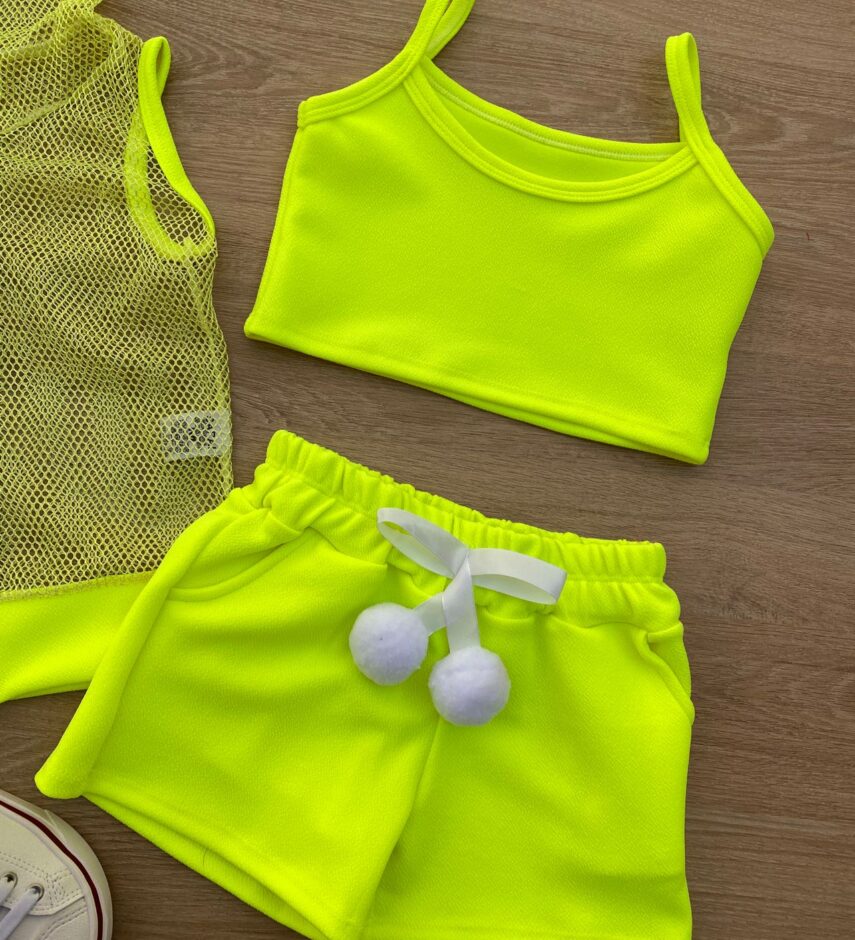 fernandaramoskids com br Conjunto Infantil Feminino Top Alça, Colete e Short Verde Flúor 1