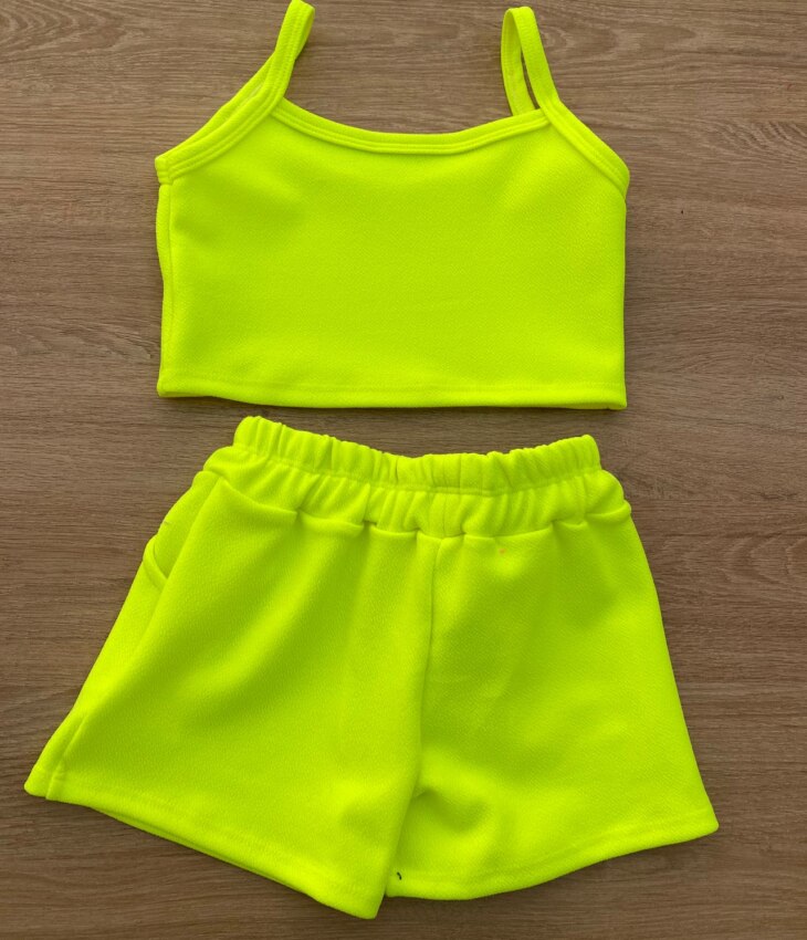 fernandaramoskids com br Conjunto Infantil Feminino Top Alça, Colete e Short Verde Flúor 3