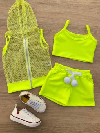Conjunto Infantil Feminino Top Alça, Colete e Short Verde Flúor Fernanda Ramos Kids