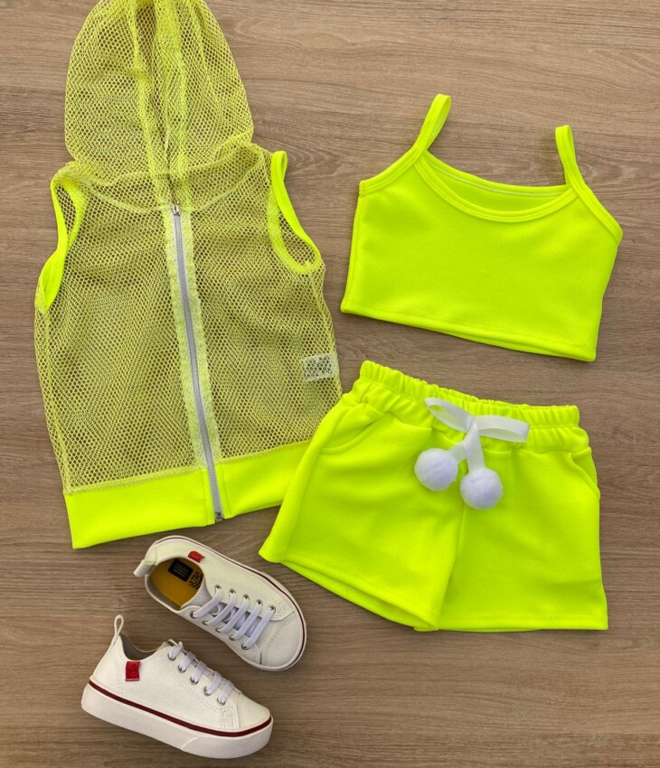 Conjunto Infantil Feminino Top Alça, Colete e Short Verde Flúor Fernanda Ramos Kids
