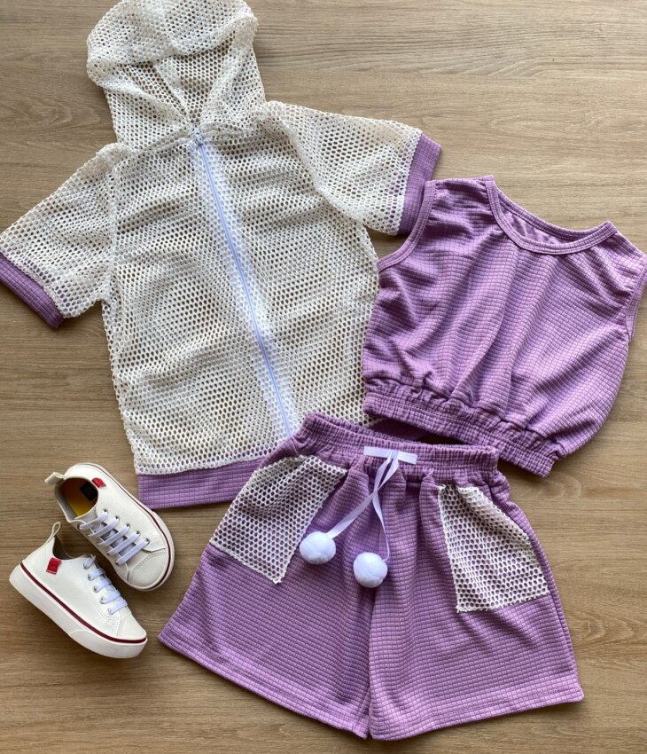 Conjunto Infantil Feminino Top Cropped, Colete e Short Lilás Fernanda Ramos Kids