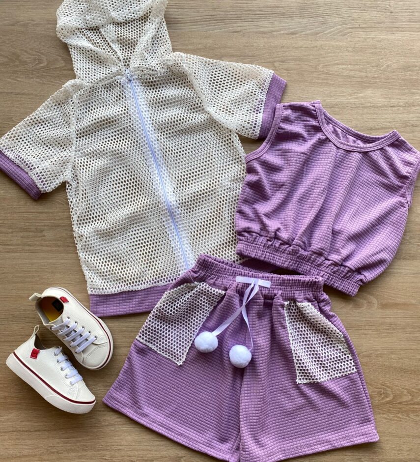 Conjunto Infantil Feminino Top Cropped, Colete e Short Lilás Fernanda Ramos Kids