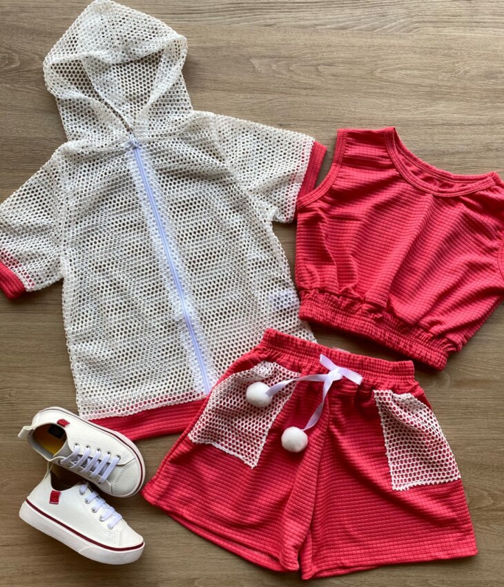 Conjunto Infantil Feminino Top Cropped, Colete e Short Pink Fernanda Ramos Kids