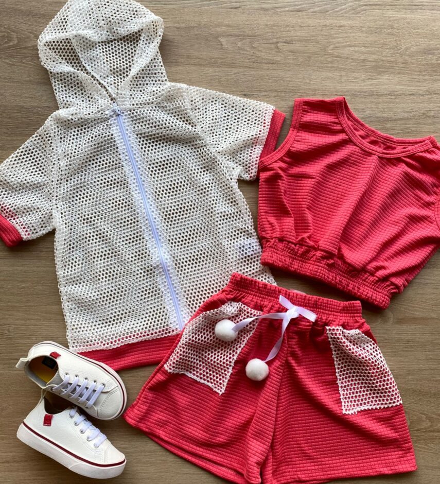Conjunto Infantil Feminino Top Cropped, Colete e Short Pink Fernanda Ramos Kids