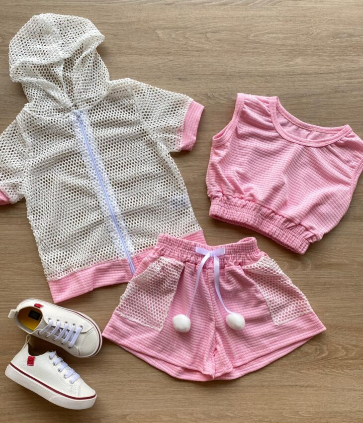 Conjunto Infantil Feminino Top Cropped, Colete e Short Rosa Fernanda Ramos Kids