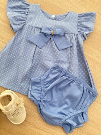 fernandaramoskids com br Conjunto Infantil Feminino Vestido Laço Poá e Calcinha Azul 1