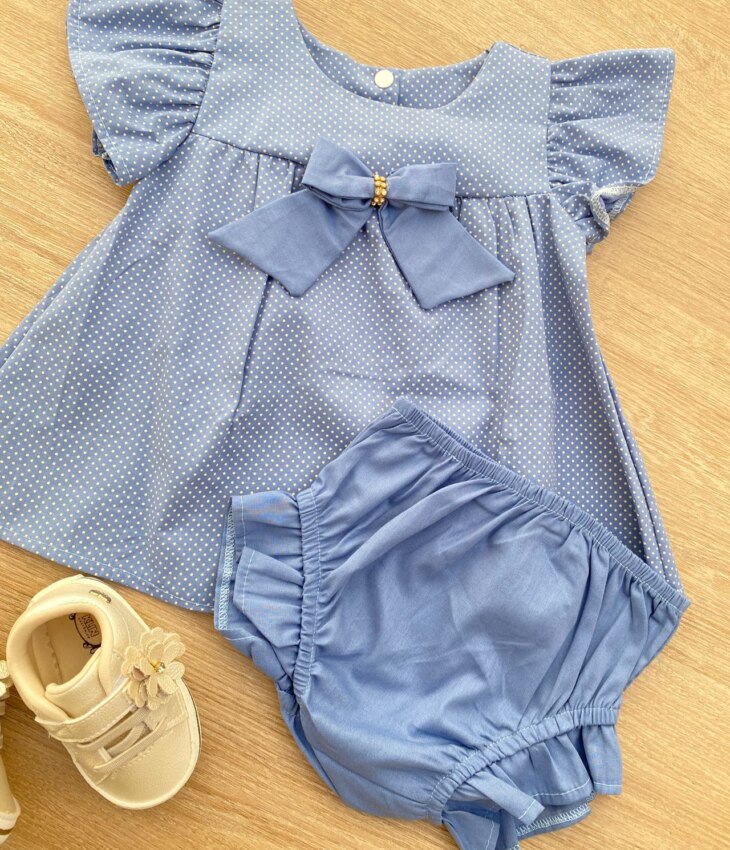 fernandaramoskids com br Conjunto Infantil Feminino Vestido Laço Poá e Calcinha Azul 1