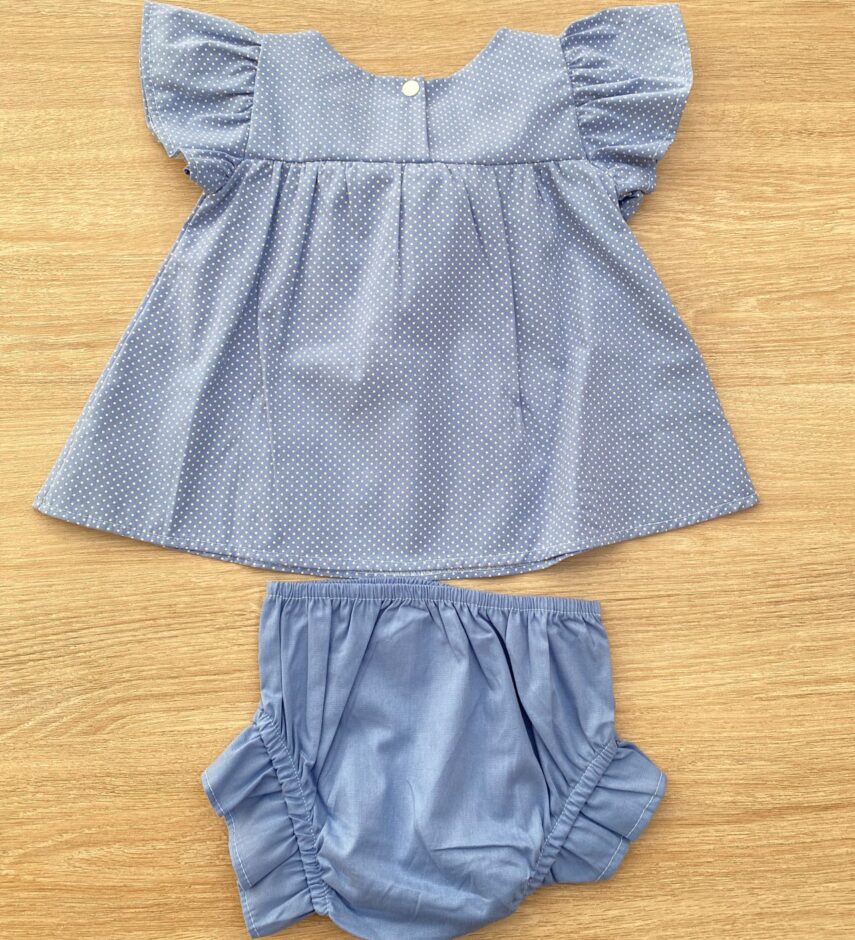fernandaramoskids com br Conjunto Infantil Feminino Vestido Laço Poá e Calcinha Azul 2
