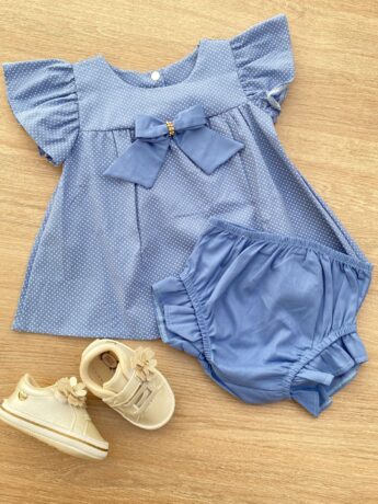 Conjunto Infantil Feminino Vestido Laço Poá e Calcinha Azul Fernanda Ramos Kids