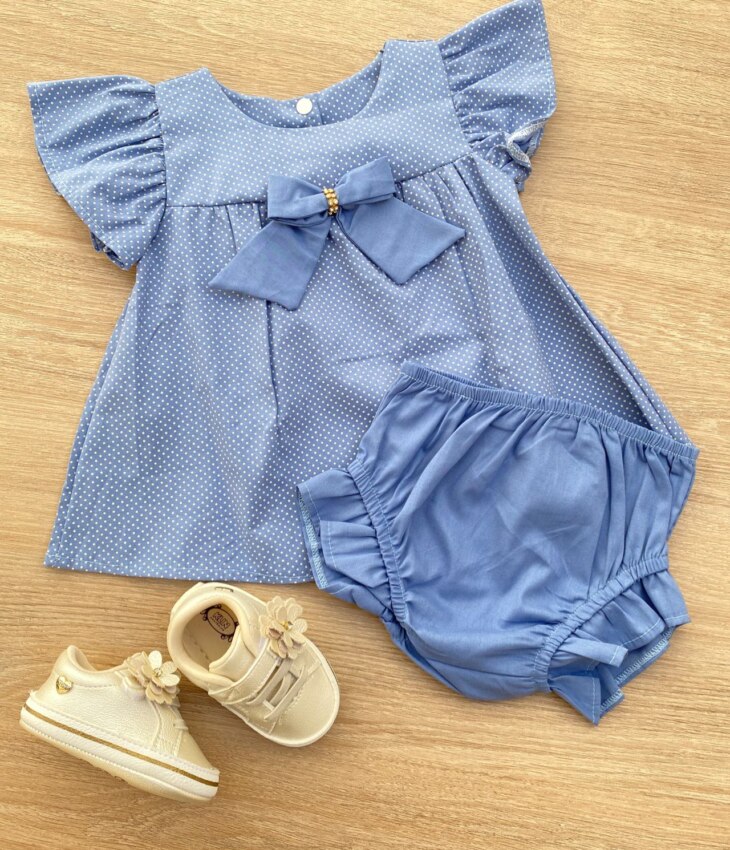 Conjunto Infantil Feminino Vestido Laço Poá e Calcinha Azul Fernanda Ramos Kids