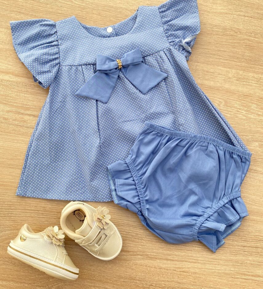 Conjunto Infantil Feminino Vestido Laço Poá e Calcinha Azul Fernanda Ramos Kids