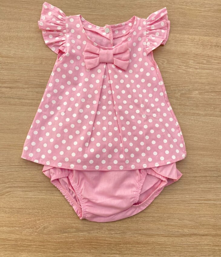 fernandaramoskids com br Conjunto Infantil Feminino Vestido Laço Poá e Calcinha Rosa 1