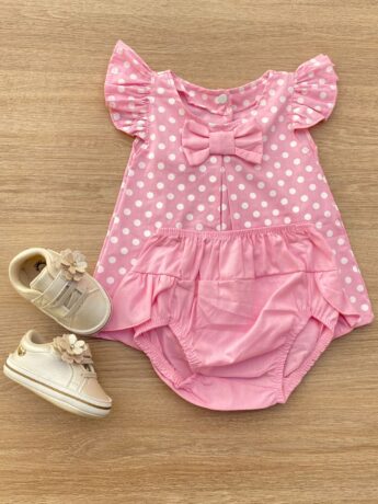 Conjunto Infantil Feminino Vestido Laço Poá e Calcinha Rosa Fernanda Ramos Kids