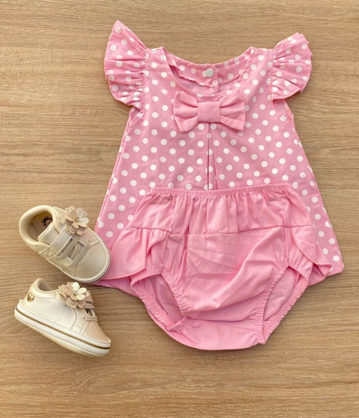 Conjunto Infantil Feminino Vestido Laço Poá e Calcinha Rosa Fernanda Ramos Kids