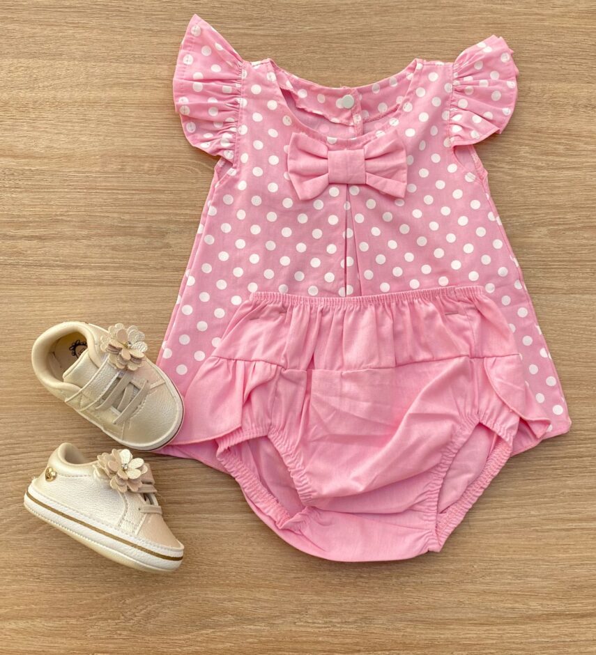 Conjunto Infantil Feminino Vestido Laço Poá e Calcinha Rosa Fernanda Ramos Kids