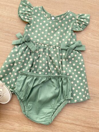 fernandaramoskids com br Conjunto Infantil Feminino Vestido Laço Poá e Calcinha Verde 1