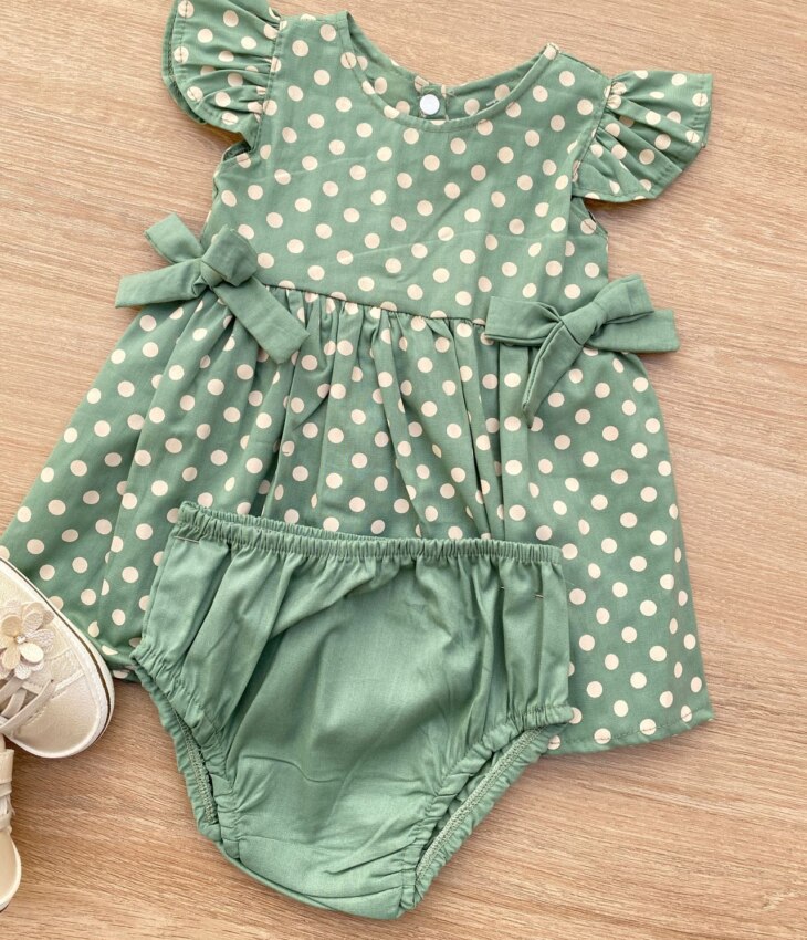 fernandaramoskids com br Conjunto Infantil Feminino Vestido Laço Poá e Calcinha Verde 1