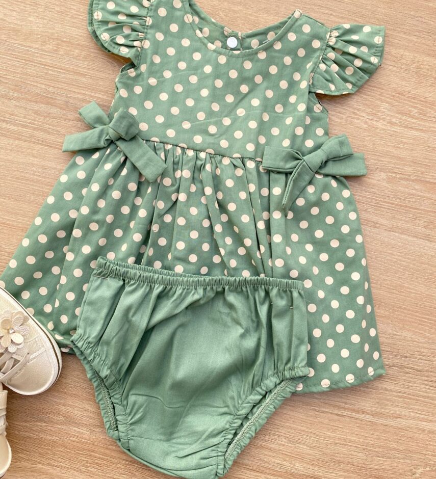 fernandaramoskids com br Conjunto Infantil Feminino Vestido Laço Poá e Calcinha Verde 1