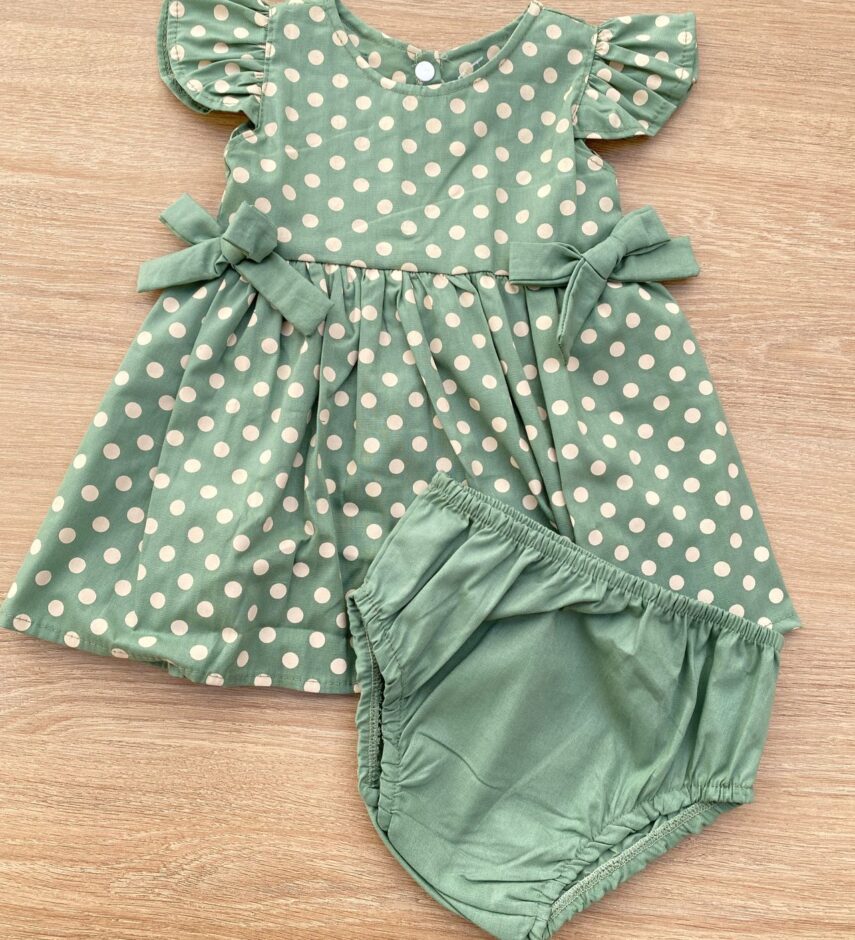 fernandaramoskids com br Conjunto Infantil Feminino Vestido Laço Poá e Calcinha Verde 2