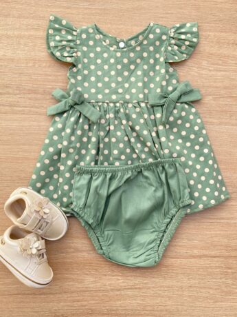 Conjunto Infantil Feminino Vestido Laço Poá e Calcinha Verde Fernanda Ramos Kids