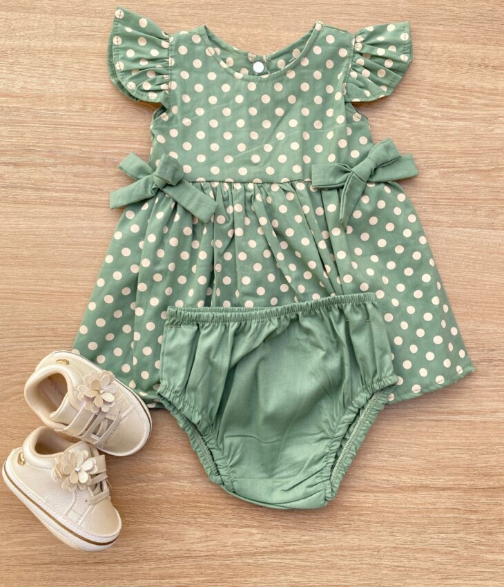 Conjunto Infantil Feminino Vestido Laço Poá e Calcinha Verde Fernanda Ramos Kids