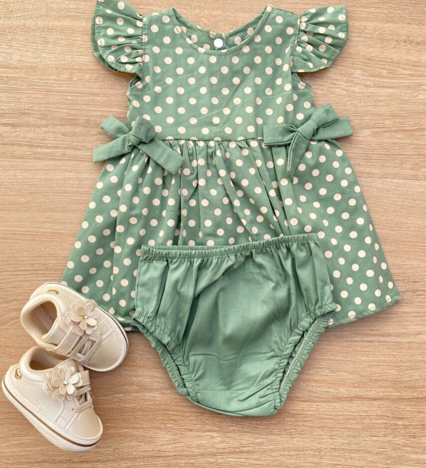 Conjunto Infantil Feminino Vestido Laço Poá e Calcinha Verde Fernanda Ramos Kids