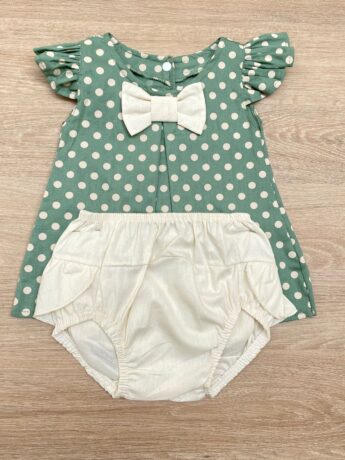 fernandaramoskids com br Conjunto Infantil Feminino Vestido Laço Poá Verde e Calcinha Off White 1