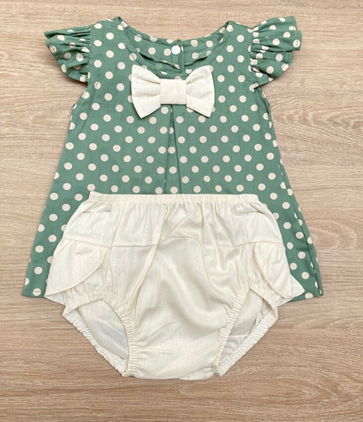 fernandaramoskids com br Conjunto Infantil Feminino Vestido Laço Poá Verde e Calcinha Off White 1