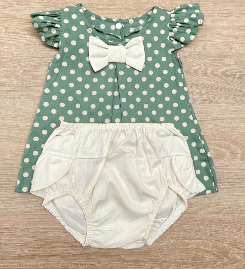 fernandaramoskids com br Conjunto Infantil Feminino Vestido Laço Poá Verde e Calcinha Off White 1