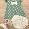 Conjunto Infantil Feminino Vestido Laço Poá Verde e Calcinha Off White Fernanda Ramos Kids