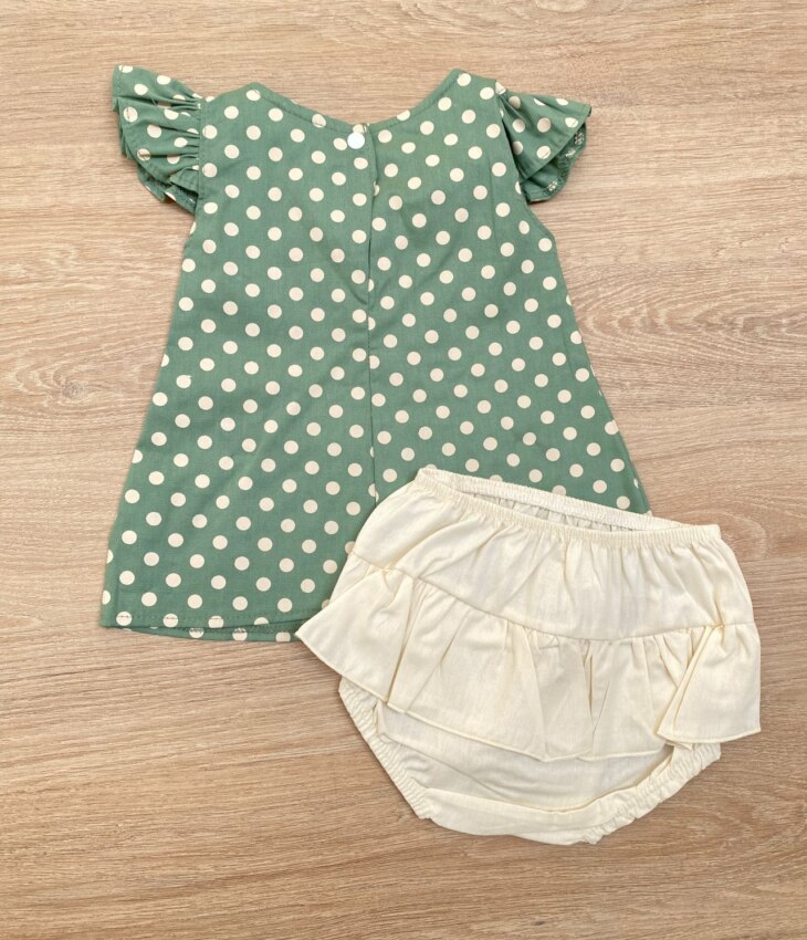fernandaramoskids com br Conjunto Infantil Feminino Vestido Laço Poá Verde e Calcinha Off White 2
