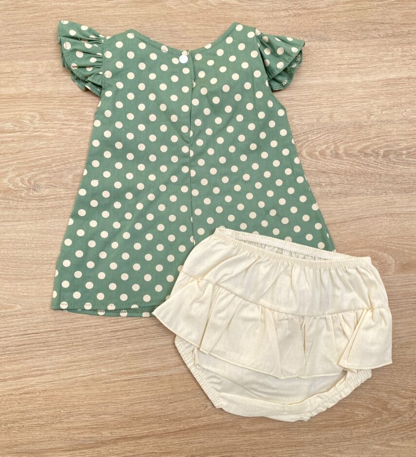 fernandaramoskids com br Conjunto Infantil Feminino Vestido Laço Poá Verde e Calcinha Off White 2