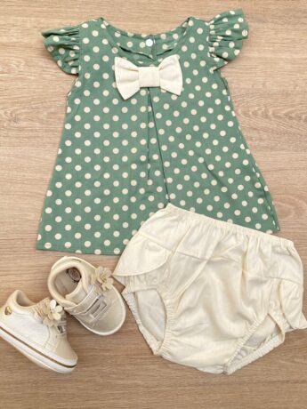 Conjunto Infantil Feminino Vestido Laço Poá Verde e Calcinha Off White Fernanda Ramos Kids