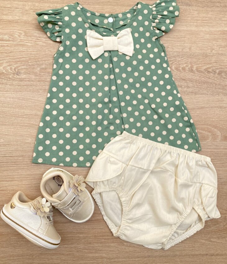 Conjunto Infantil Feminino Vestido Laço Poá Verde e Calcinha Off White Fernanda Ramos Kids