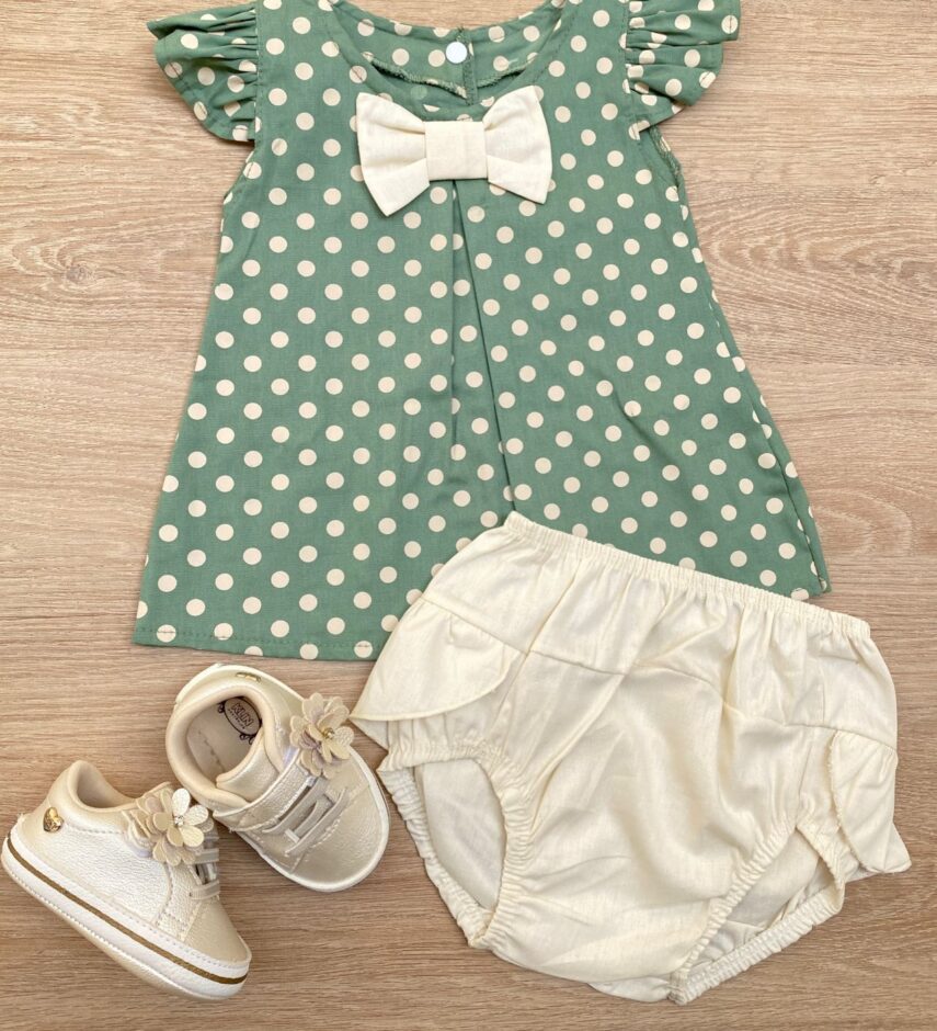 Conjunto Infantil Feminino Vestido Laço Poá Verde e Calcinha Off White Fernanda Ramos Kids