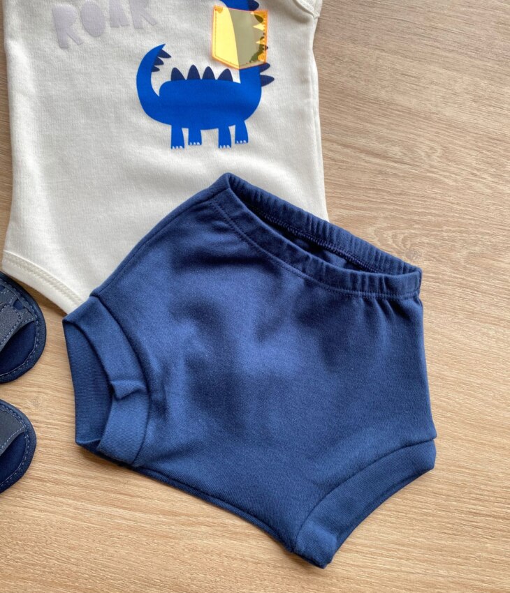 fernandaramoskids com br Conjunto Infantil Masculino Body Branco com Estampa e Short Azul 1