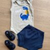 Conjunto Infantil Masculino Body Cinza com Estampa e Short Azul Fernanda Ramos Kids