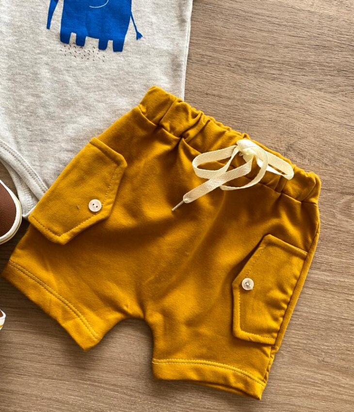 fernandaramoskids com br Conjunto Infantil Masculino Body Estampa Elefante Cinza e Short Caramelo 2