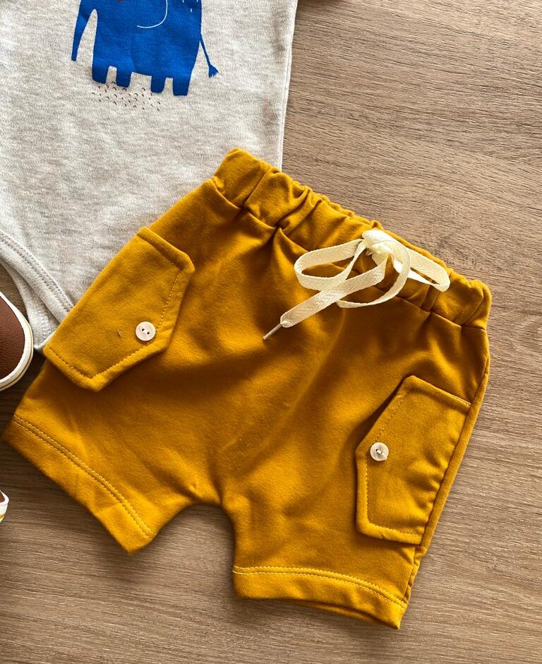 fernandaramoskids com br Conjunto Infantil Masculino Body Estampa Elefante Cinza e Short Caramelo 2